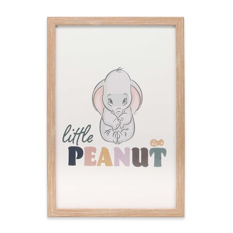 PRICES MAY VARY. Disney Official product: Give your little peanut the sweet space they deserve with this pretty, pastel wall art! With its off-white background and natural wood frame, this sign is easy to coordinate with any nursery design scheme. Framed Wood Wall Decor: An innocent baby Dumbo takes center stage, while two typography styles and a subtle peanut illustration complete the darling decor. Material: This eye-catching decor is made of durable, yet lightweight MDF wood. It comes complet Dumbo Baby Nursery, Prints For Baby Room, Dumbo Themed Nursery, Disney Nursery Ideas Gender Neutral, Dumbo Nursery Ideas, Disney Nursery Ideas Girl, Disney Girl Nursery, Disney Animal Nursery, Looney Tunes Nursery