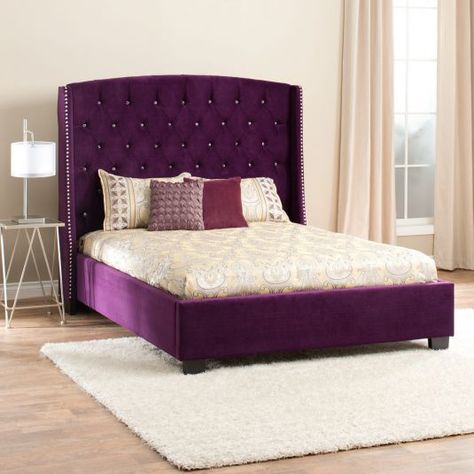 Purple Upholstered Bed | Diva Queen Bed | Jerome's Purple Bed Frame, Purple Bed, Upholstered Headboard King, Tufted Upholstered Bed, Eastern King Bed, Purple Bedrooms, Purple Bedding, King Upholstered Bed, Queen Upholstered Bed