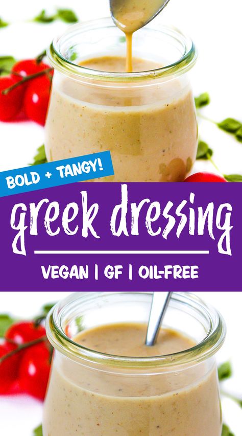 Vegan Greek Dressing (Oil-Free!) Vegan Greek Salad Dressing, Vegan Taziki Dressing, Oil Free Italian Dressing Vegan, Vegan Greek Dressing, Oil Free Greek Salad Dressing, Creamy Vegan Dressing, Plant Based Dressing Recipes, Oil Free Vegan Salad Dressing, Oil Free Salad Dressing Recipes