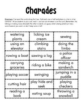 This game is a great way to break the ice at the beginning of the school year or to use anytime your students need a break! This resource includes charade ideas that are simple to act out, but entertaining to watch and guess. Reverse Charades Word List, Christian Ice Breakers, Easy Games For Kids Indoors, Charade Ideas Funny, Ice Breaking Games, Memory Games For Adults, Ice Breaker Games For Kids, Charade Ideas, Classroom Games For Kids