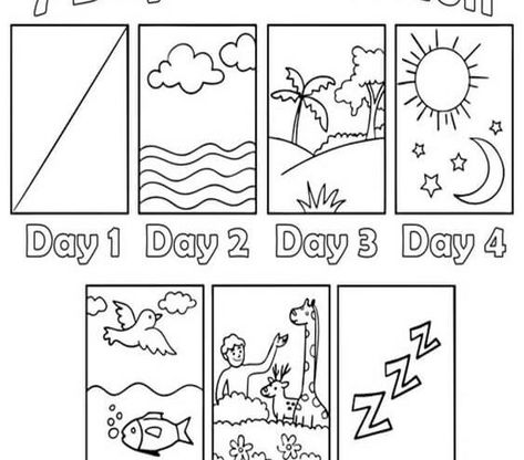 Free & Easy To Print Creation Coloring Pages - Tulamama Story Of Creation Coloring Page, The Creation Coloring Pages, 7 Days Of Gods Creation, The Beginning Bible Craft, Creation For Kindergarten, Creation Of Animals Craft, Creation Story Colouring Sheet, The 7 Days Of Creation, Creation Days Printable