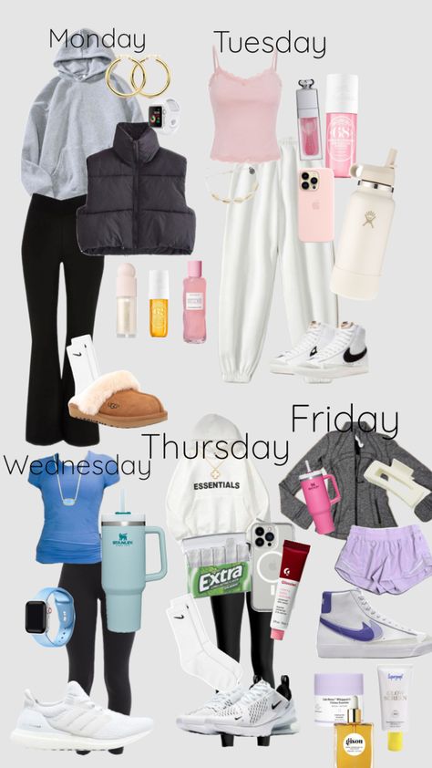 Outfits for days of the week #outfitinspo High School Must Haves, School Must Haves, Outfit School, Makeup Clothes, Weekly Outfits, Cute Preppy Outfits, Inspo Outfit, Days Of The Week, Preppy Outfits