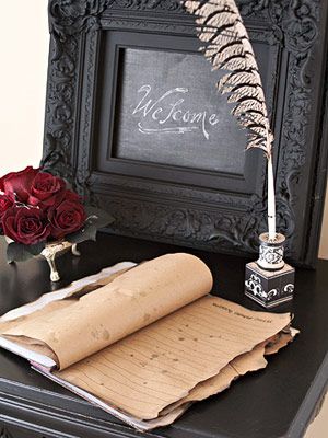 We definately need a guest book to keep track of names/addresses for future years. I love this idea! Guest Book Frame Wedding, Gothic Wedding Theme, Masquerade Wedding, Halloween Decor Diy, Halloween Themed Wedding, Medieval Wedding, Goth Wedding, Dark Wedding, Framed Chalkboard