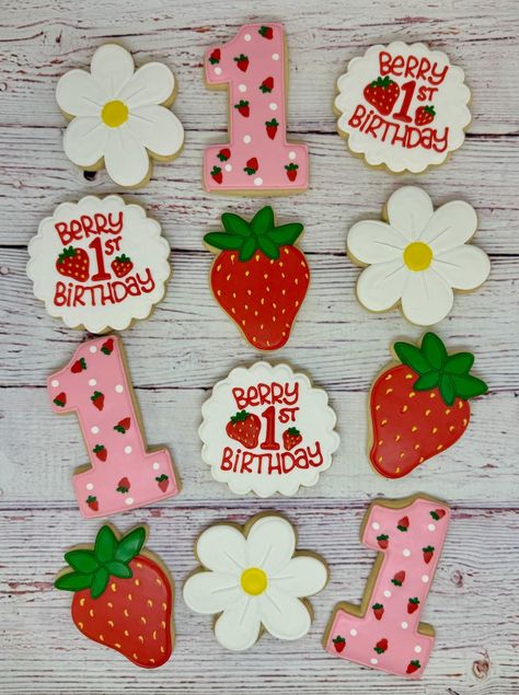 This Cookies item is sold by ClawsonCookies. Ships from Lake Orion, MI. Listed on Aug 31, 2024 My Berry First Birthday Cookies, Berry Sweet 1st Birthday Food, Strawberry Second Birthday, Berry 1st Birthday Cookies, Berry First Birthday Treats, Berry First Birthday Food, Berry Sweet One First Birthday, Strawberry 1st Birthday Party Theme, Strawberry Shortcake 1st Birthday Party