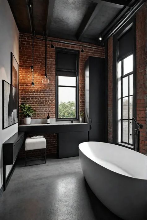 Industrial bathroom concrete flooring minimalist design Poured Concrete Bathroom Floor, Black And Concrete Bathroom, Bathroom With Concrete Floor, Concrete Floors Bathroom, Bathroom Ideas Industrial, Concrete Floor Bathroom, Bathroom Industrial Style, Minimalist Industrial Interior Design, Industrial Design Bathroom