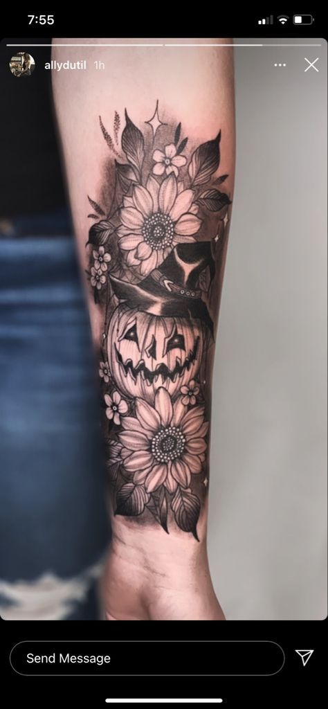 Halloween Tattoos With Flowers, Sunflower Halloween Tattoo, Halloween Flower Tattoo Ideas, Halloween Cover Up Tattoos, Sunflower Pumpkin Tattoo, Spooky Sunflower Tattoo, Fall Themed Tattoos Sleeve, Pumpkin Floral Tattoo, Black And White Pumpkin Tattoo