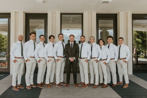 Groomsmen Olive Green Tie, Groomsmen In Khaki Pants, Groomsmen Attire Tan Pants, Shades Of Green Groomsmen, Green Groom Suit Tan Groomsmen, Groom Khaki Pants White Shirt, Tan Pants Groomsmen, Groomsmen Tan Pants White Shirt, Black And Tan Groomsmen Attire