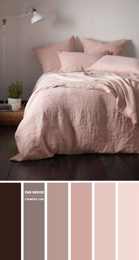 Chocolate Brown and Pink Colour Palette For Bedroom  A beautiful calm and soothing earth tones bedroom colour scheme.  A beautiful earth tones colour combination of Chocolate brown + Pink. We love the wall that painted in mute pink. Rust Orange And Pink Bedroom, Brown And Pink Apartment, Brown And Pink Color Scheme, Colour Palette With Brown, Pink Bedroom Color Palette, Chocolate Brown Color Combinations, Pink Brown Color Palette, Brown And Pink Bedroom, Pink Brown Bedroom