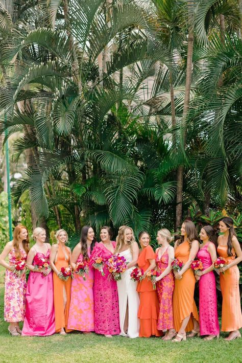 Bridesmaid Dresses Colorful, Bright Bridesmaid Dresses, Colorful Bridesmaids, Orange Bridesmaids, Orange And Pink Wedding, Orange Bridesmaid, Orange Bridesmaid Dresses, Boda Mexicana, Mismatched Bridesmaid Dresses