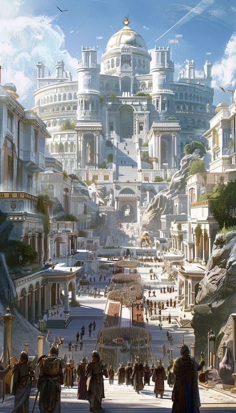 Ancient Kingdom Concept Art, Temple City Fantasy Art, Dnd Capital City, City Planet Concept Art, Fantasy City Architecture, Fantasy Kingdom Concept Art, Fantasy Government Building, Fantasy Cities Art, Modern Fantasy City Concept Art