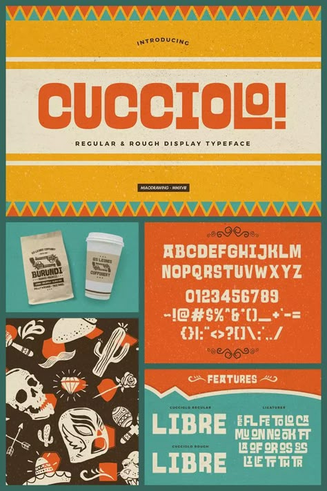 Cucciolo Font - MasterBundles Collage. Mexican Posters Vintage, Mexican Style Design, Mexican Restaurant Graphic Design, Mexican Website Design, Mexican Typeface, Tacos Restaurant Design, Mexican Restaurant Website Design, Mexican Logo Design Ideas, Mexican Branding Design