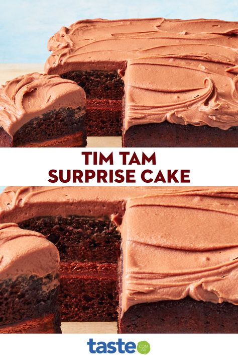 The best kind of surprise is a Tim Tams surprise! You can use different Tim Tam flavours each time you make this super simple surprise cake – try salted caramel or red velvet for an extra indulgent twist. Aussie Desserts, Tim Tam Cake, Tim Tams, Surprise Cake, Tim Tam, Half Birthday, Slices Recipes, Quick Bread Recipes, Cake Tasting