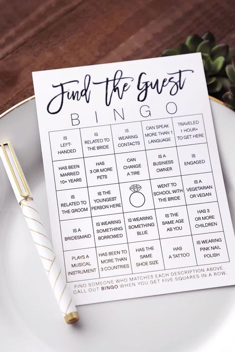 Bingo Bridal Shower Game, Find The Guest Bingo, Guest Bingo, Wedding Games For Guests, Find The Guest, Wedding Planner Binder, Fun Bridal Shower Games, Bridal Shower Planning, Bridal Games