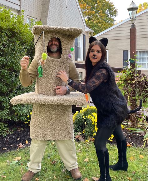 Cat And Scratching Post Costume, Grey Cat Halloween Costume, Male Cat Costume, Family Cat Costumes, Cat Family Costume, Cat Couples Costume, Easy Mens Halloween Costumes Diy, Cat Couple Costume, Mens Cat Costume