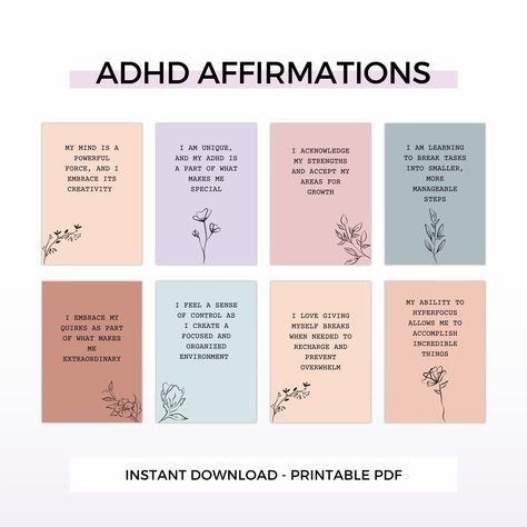 "🌟 Elevate your mindset with our vibrant set of 54 ADHD Affirmation Cards, specially crafted for the neurodivergent community and anyone seeking a positive mindset shift. 🌈 🧠 Designed for individuals with ADHD, these printable cards serve as a daily dose of inspiration, embracing your unique quirks and fostering a mindset of self-love. 🌟 Transform your subconscious thoughts with affirmations tailored to boost focus, resilience, and creativity. 💡 Benefits: 🎁 Stocking Stuffer Delight: Perfect as a unique and thoughtful stocking stuffer, these printable cards make a heartwarming gift for neurodivergent loved ones or anyone seeking positivity. ️ Mindset Improvement: Reprogram your subconscious mind with powerful affirmations, turning challenges into opportunities and celebrating your ind Affirmation Cards Printable, Tarot Design, Motivational Printables, Mindset Shift, Motivational Cards, Gift Printable, Self Empowerment, Stocking Stuffer Gifts, Cards Ideas