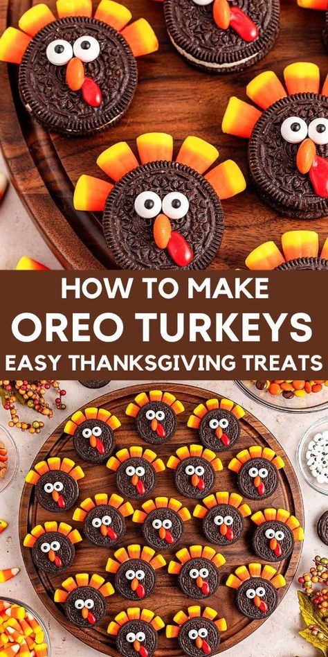 No bake Oreo turkey cookies! This simple dessert is perfect for the holiday season, requiring just a handful of ingredients Oreo cookies, candy corn, and chocolate. Not only are these cute Oreo turkeys easy to make, but they also make a great project for kids to get involved with during the holidays. Perfect as a Thanksgiving party dessert, these sweet treats are sure to delight both kids and adults. Try these fun, easy-to-make Oreo turkey cookies this Thanksgiving! Thanksgiving Oreo Cookie Turkey, Thanksgiving’s Deserts, Thanksgiving Preschool Dessert, Thankgiving Food Ideas, Oreo Holiday Treats, Thanksgiving Turkey Cupcakes, Fun Kids Christmas Treats, Turkey Cupcakes For Kids, Thanksgiving Diy Treats