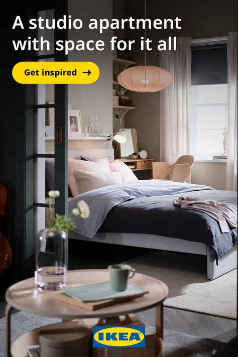 Ikea One Room Apartment, Ikea Small Apartment Ideas, Ikea Apartment Ideas Small Spaces, Bed In Living Room Ideas Tiny Apartments, Mini Studio Apartment Small Spaces, Mini Living Room Ideas Small Spaces, Micro Studio Apartment Ideas, Mini Apartment Ideas Small Spaces, Studio Type Condo Ideas Small Spaces