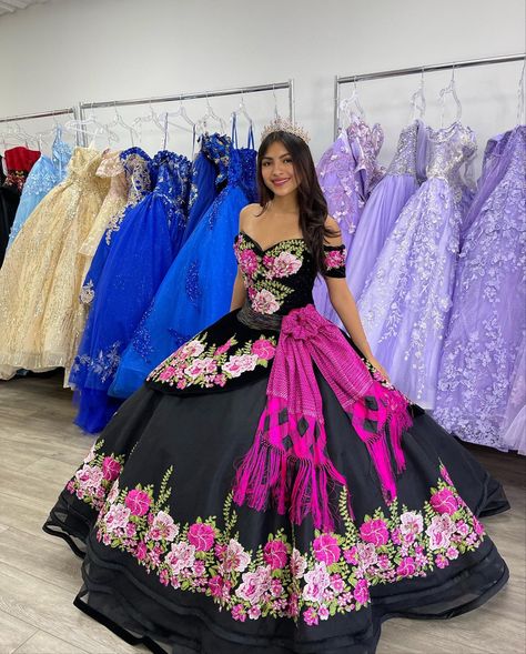 Pink And Black Charro Quinceanera Dresses, 15 Charro Dress, Quincenera Dresses Mexican, Black Charro Dress, Purple Charro Quinceanera Dresses, Mexican Quince Dress, Dark Purple Quince, Pink Charro Quinceanera Dresses, Quince Charro Dresses