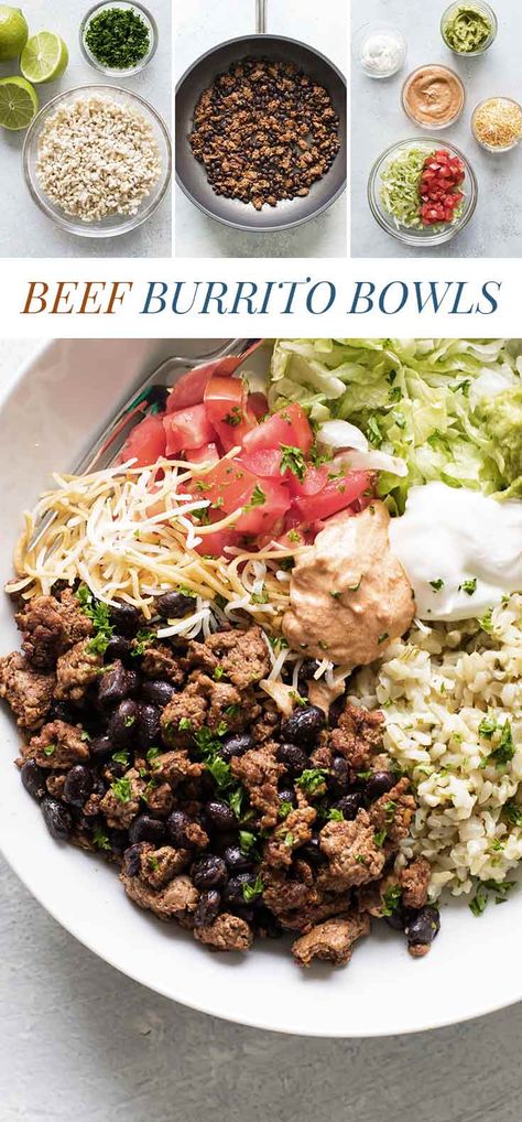 Easy beef burrito bowls with all the toppings including a creamy burrito sauce and super simple cilantro-lime rice. It's full of fresh flavors, can be prepped ahead and is ready in 30 minutes! Burrito Sauce, Grain Bowl Recipe, Beef Burrito, Burrito Bowls Recipe, Homemade Enchiladas, Burrito Bowls, Lime Rice, Cilantro Lime Rice, Beef And Rice