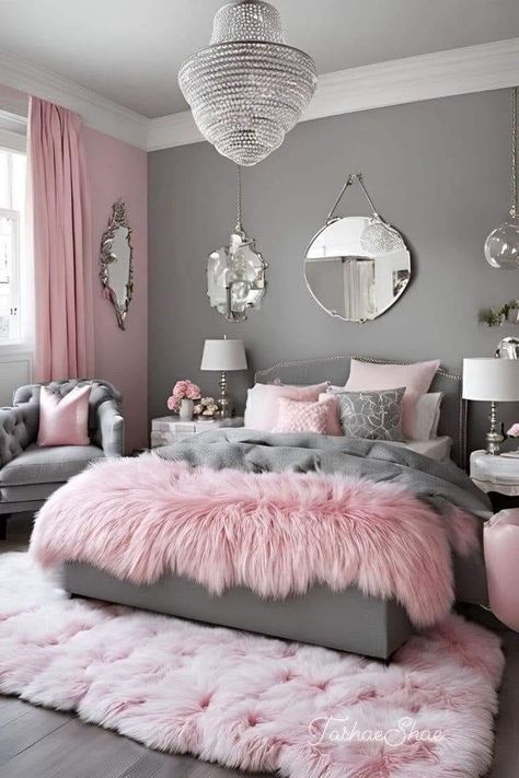 Womens Pink Bedroom Ideas, Pink And Grey Kids Bedroom, Pink Black White Silver Bedroom, Pink And Grey Home Decor, Grey And Pink Room Ideas Bedroom, Gray White And Pink Bedroom, Pink House Decor Interiors, Pink And Silver Room Ideas, Girly Pink Bedroom Aesthetic