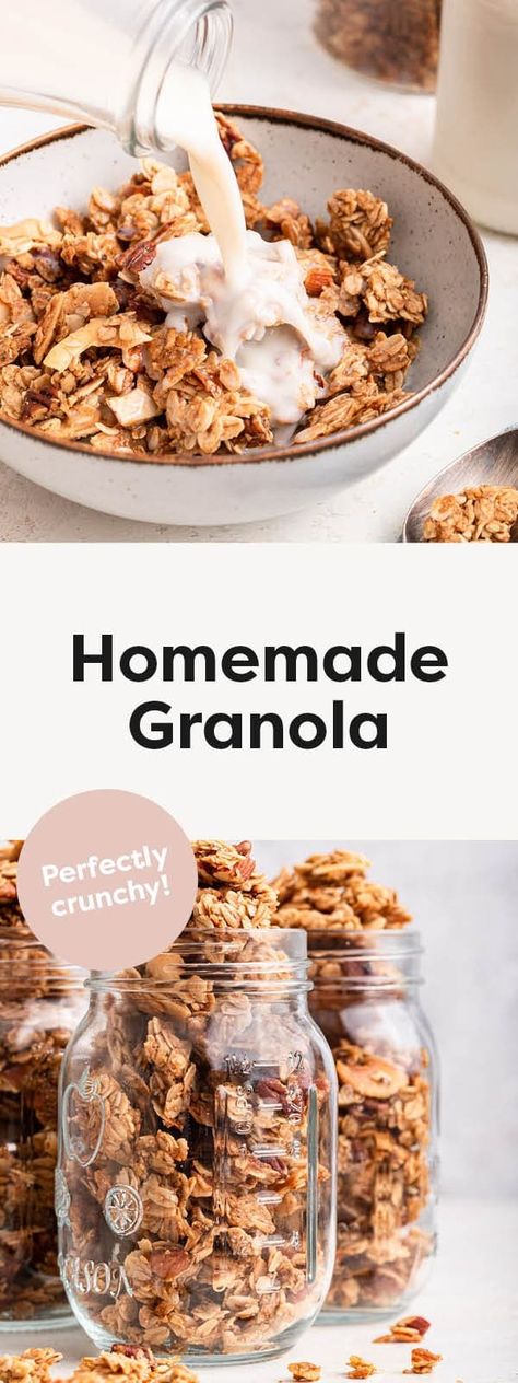 The best homemade granola recipe resulting in perfectly crunchy and clumpy granola. It's easy to make with simple ingredients, naturally sweetened and absolutely delicious! Vegan + gluten-free. Granola Homemade, Make Granola, How To Make Granola, Homemade Granola Recipe, Easy Homemade Granola, Granola Recipe Homemade, Granola Recipe, Granola Recipes, Eat Real Food