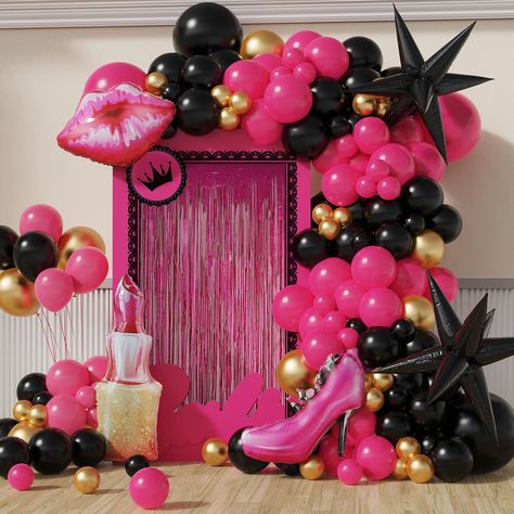 PRICES MAY VARY. Balloon Garland Arch Kit：hot pink balloons 20pcs 5inch,20pcs 12inch,2pcs 18inch ,black balloons 20pcs 5inch,20pcs 10inch,2pcs 18inch,metallic gold balloons 10pcs 5inch 10 pcs 10inch,1pc lipstick shape foil balloon,1pc lip shape foil balloons,1pcs 25inch High-heeled shoes foil balloon,2pc 27inch star foil balloon,1pcs 16ft balloons arch strip, 1 roll glue points (100Pcs),1pcs rose gold ribbon. For Many Occasions:Black and Hot pink balloon arch garland is perfect for bachelorette, Hot Pink Party Decorations Sweet 16, Black And Hot Pink Party, Pink Decorations Party Birthday Ideas, 40th Birthday Themes For Women, Moms Birthday Party, Fashion Party Ideas, Emo Birthday Party, Hot Pink Birthday Decorations, Decorations With Balloons