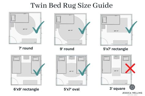 Rug Placement Twin Bed Against Wall, Twin Bed Placement Layout, Bed In Corner Rug Placement, Twin Bed Against Wall Ideas, King Size Bed Small Room Layout Apartment, Twin Bed Rug Placement, Two Twin Beds In One Room Layout, Bed Rug Placement, Room Layout With Fireplace