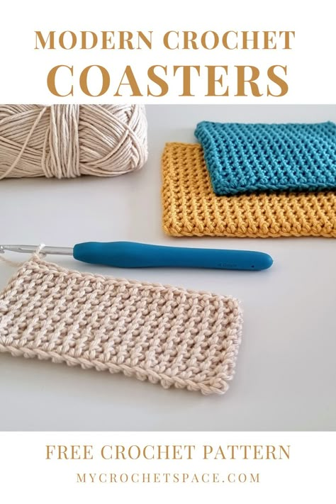 Modern Square Crochet Coasters Crochet Coasters Square Free Pattern, Modern Crochet Coasters, Crochet Coasters Free Pattern Easy Square, Crochet Coaster Square, Crochet Coasters Free Pattern Square, Crochet Square Coasters Free Pattern, Square Crochet Coasters, Crochet Cup Coaster, Crochet Mug Cozy