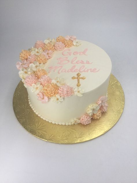 Round Communion Cakes, Girls First Communion Cake, Bautizo Ideas Decoracion, Baptism Cake Girl, Confirmation Ideas, Confirmation Cake, Religious Cakes, Confirmation Cakes, First Communion Cake