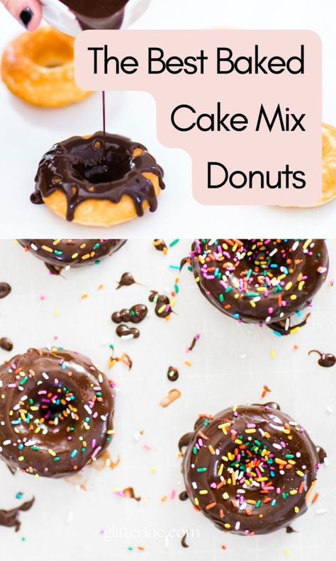 These box cake mix donuts will change your life; homemade baked donuts made the easy way with a store-bought boxed cake mix and topped with the yummiest silky frosting glaze and sprinkles. (Including our favorite simple frosting hack!) Homemade Cake Donuts Recipe Baked, Cake Mix Donuts Baked, Baked Cake Mix Donut Recipe, Baked Desserts Easy, Donut Recipe Easy, Cake Mix Donuts Recipe, Simple Frosting, Homemade Baked Donuts, Fun Baking Ideas