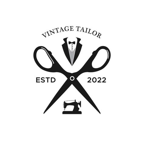 Vintage Tailor Logo With Sewing Machine, Suit And Scissor Design Tailor Logo, The Vintage, Sewing Machine, Premium Vector, Vector Art, Sewing, Design