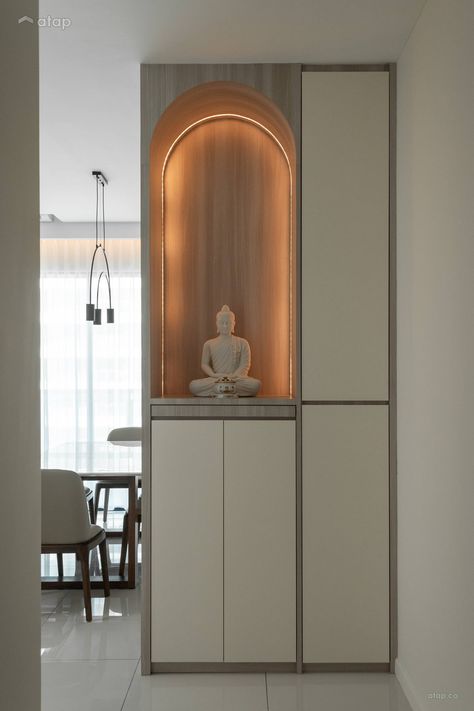 Minimalistic condominium design ideas & photos Malaysia | Atap.co Buddha Altar Design, Mandir Cabinet Design, Puja Unit Design, Mandir Ideas, Buddha Altar, Puja Unit, Condominium Interior Design, Altar Cabinet, Prayer Altar