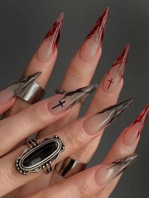 Spooky Halloween Nails 2023: 17 Hauntingly Creative Ideas Vampy Nails, Vampire Nails, Witch Nails, Angel Nails, Witchy Nails, Halloween Acrylic Nails, Black Acrylic Nails, Punk Nails, Gothic Nails