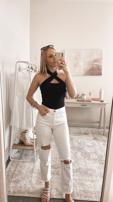 How to wear white jeans, how to style white jeans, white jeans outfit, white straight leg jeans, white jeans summer, black halter top, summer outfit ideas, casual vacation outfit