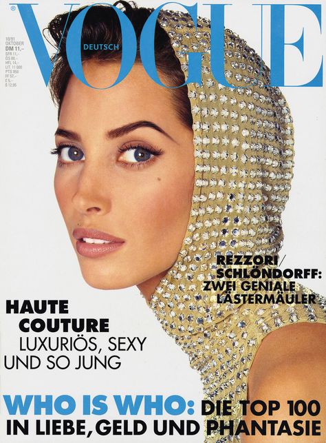 Christy Turlington by Francesco Scavullo Vogue Deutsch October 1991 Christy Turlington Vogue, Francesco Scavullo, Cover Girl Makeup, Vogue Magazine Covers, Elle Macpherson, 90s Supermodels, Helena Christensen, Fashion Magazine Cover, Vogue Us