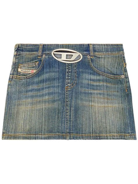 blue regenerative cotton blend denim faded effect mid-rise silver-tone logo plaque belt loops side zip fastening slip pockets to the sides coin pocket logo patch to the side thigh-length straight hem Diesel Skirt, Diesel Skirts, Diesel Logo, Style Inspiration Casual, Pocket Logo, Acid Wash Denim, Diesel Jeans, City Dress, Dolce E Gabbana