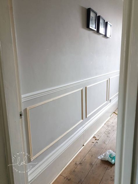 How to Panel a Victorian Hallway (An Easy Tutorial!) - Life with Holly Dado Rail Hallway, Victorian Terrace Hallway, Lambriseringen Gang, Hallway Panelling, Stair Paneling, Wainscoting Wall, Panels Design, Living Room Panelling, Cornforth White