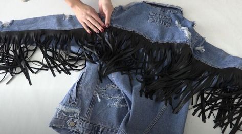 Learn how to revamp a denim jacket with a rocking leather fringe and studs. This fashion transformation is one for the books! How To Sew Fringe On Jacket, Blazer Upcycle, Refurbished Clothes, Fashion Transformation, Diy Lace Up, How To Make Leather, Hippie Jacket, Diy Denim Jacket, Jeans Embellished