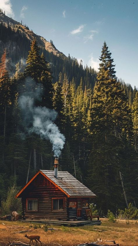 Cozy wooden cabin in the forest with smoke coming out of the chimney, surrounded by pine trees and a deer grazing in front. Ideal mountain retreat for relaxation and seclusion. Cabin In The Forest, Cozy Cabin In The Woods, Woodland Retreat, Forest Retreat, Cabin Retreat, Wooden Cabin, Lush Forest, Dream Life House, Mountain Getaway