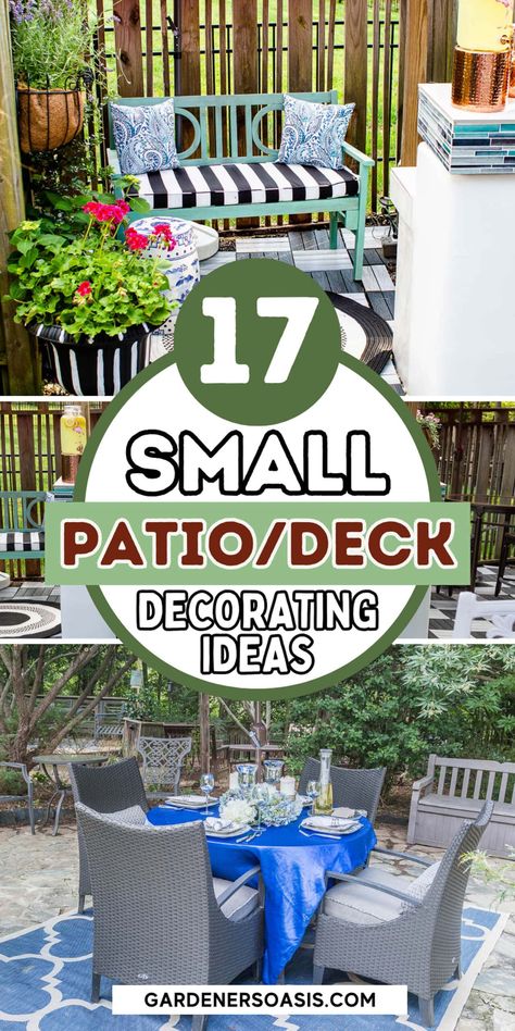 Small Patio Decorating Ideas That Will Turn Your Deck Into An Outdoor Oasis | Gardens Small Deck Inspiration, Small Decks And Patios, Mini Patio Ideas, Condo Patio Ideas, Tiny Patio Ideas, Tiny Deck, Small Deck Furniture Layout, Small Patio Decorating Ideas, Kleiner Pool Design