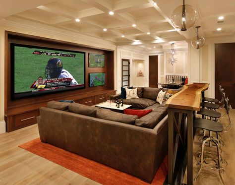 Family Room, Home Theater and Bar - Traditional - Home Theater - San Francisco - by TRG Architecture + Interior Design | Houzz Behind Couch Bar, Tv Setup Ideas, Bar Behind Couch, Basement Media Room, Tv Setup, Table Behind Couch, House Shopping, Behind Couch, Setup Ideas