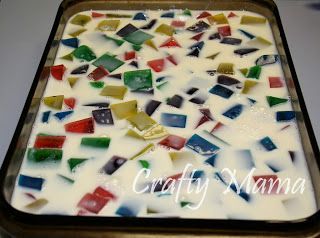 Mosaic Jello Recipe, Mosaic Jello, Mexican Jello Recipe, Broken Glass Jello, Glass Desert, Jello Mold Recipes, Football Treats, Sweetened Condensed Milk Recipes, Jello Flavors