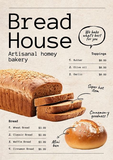 Bread Menu Design Ideas, Bread Catalog Design, Sourdough Menu Design, Bread Bakery Design, Bakery Design Graphic, Cake Graphic Design Poster, Bakery Newsletter, Bread Branding Design, Menu Bakery Design