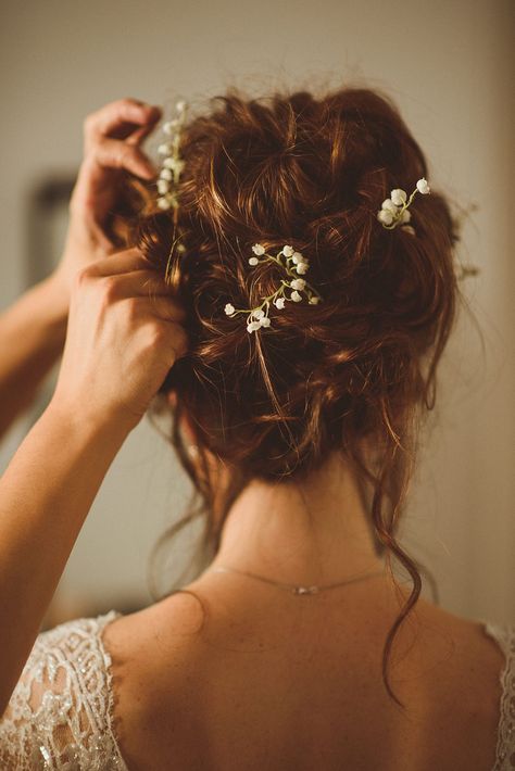 Floral Hair Updo, Messy Hair With Flowers, Bridal Updo Whimsical, Cottagecore Bridal Hair, Flower Hairdo Wedding, Elf Bridal Hair, Simple Bridal Hair With Flowers, Bridal Flower Hairstyles, Floral Updo Wedding