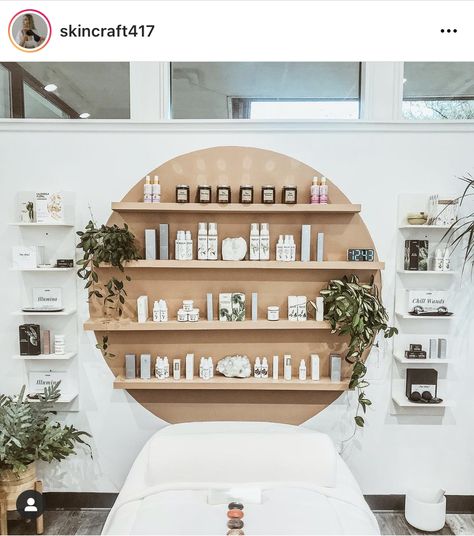 Esthetician Shelf Decor, Spa Shelves Decor, Beauty Salon Wall Divider, Boho Spa Interior Design, Free Standing Shampoo Bowl, Medspa Shelves, Spa Sink Ideas, Floating Shelves Salon Retail, Floating Shelves Retail Display