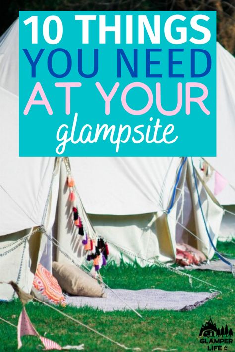 Camp Site Setup Ideas, Boho Camping Tent, Glamp Site Ideas, Glamping Campsite Ideas, Bell Tent Glamping Ideas, Glam Tent Camping, Tent Camping Must Haves Glamping, Glamping Set Up Ideas, Glamping Tents Ideas