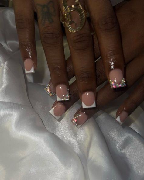 #nailsofinstagram #nailsoftoday #prettynails #518nailtech #nailsonfleek #nailsonpoint #nailtechlife #blacknailtech #nailstylist #nails💅 #nailsaddict #houstonnailtech #trending #houston #celebritynailtech #valentinobeautypure #freestylenails #nailtech #dallasnails #nailart #stilettonails #texas #houstonnails #explorepage #teamvbp #tiktoknails #acrylictoes #acrylicnails #nailsnailsnails #houstonhairstylist Bejeweled French Tips, Baps Inspired Nails, Badazled French Tip Nails, Short French Tips With Charms, Short Frenchies With Rhinestones, Nails Acrylic French Tip Sparkle, Diamonds On Nails Ideas, Square Nails With Diamonds, Short French Tip Nails With Rhinestones