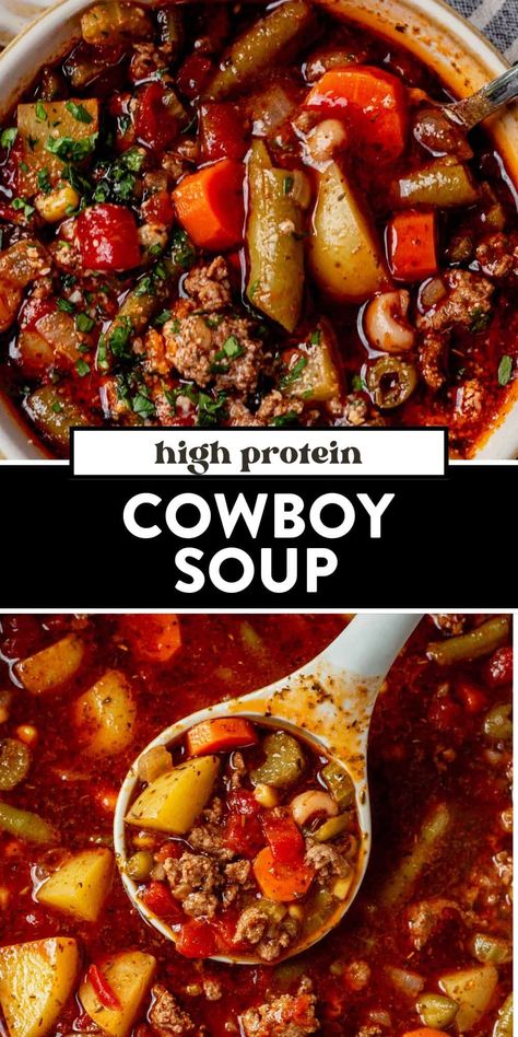 This hearty cowboy soup combines your favorite Tex-Mex ingredients like ground beef, beans, vegetables, and smoky seasonings. Bring the wild west to your kitchen with this budget-friendly and filling soup! It makes great leftovers and is full of healthy ingredients, making it the perfect weeknight meal. Cowboy Soup, Simple Family Meals, Soup With Ground Beef, Homemade Soup Recipe, Fall Soup Recipes, Vegetable Beef Soup, Crockpot Soup Recipes, Best Soup Recipes, Delicious Soup Recipes