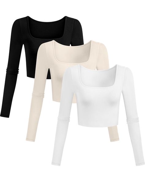 PRICES MAY VARY. Gorgeous Square Neckline: the squared neckline is so flattering and well done; There's no extra fabric anywhere, and the top is not revealing; The square neck crop top is a nice seasonal basic slim fitted t-shirt that will draw attention Comfortable and Reliable Material: the long sleeve crop top is made of 60% polyester, 35% rayon and 5% spandex, comfy, breathable, cool, stretchy, lightweight, not wrinkly; You will love the material and the elegant look Easy to Match: the women Black Long Sleeve Shirt Crop Top, Cute Long Sleeve Shirt, Cute Fitted Tops, Cute Amazon Clothes, Cute Tops For School, Black And White Clothes, Teen Tops, Scorpio Fashion