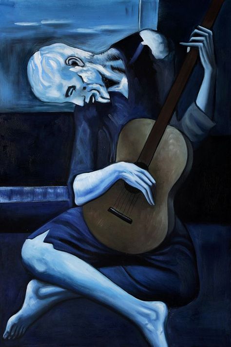 Pablo Picasso, The Old Guitarist, oil paint,  4′ 0″ x 2′ 9″, 1903-1904 The Old Guitarist, Famous Art Paintings, Arte Jazz, Picasso Artwork, Picasso Portraits, Pablo Picasso Art, Tableaux Vivants, Art Picasso, Pablo Picasso Paintings